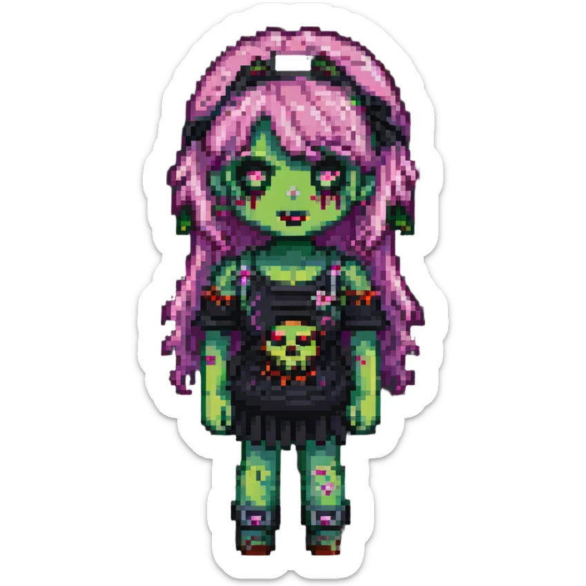 full body girl zombie with pink hair and bangs, pixel art style sticker