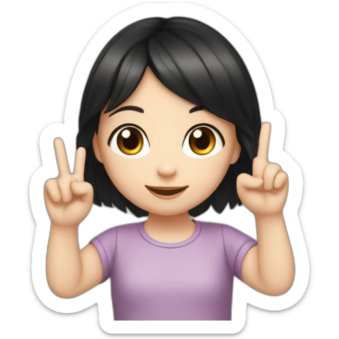 Generate an image of a small girl with fair skin and black hair showing a sign with her hand three fingers up, two closed sticker