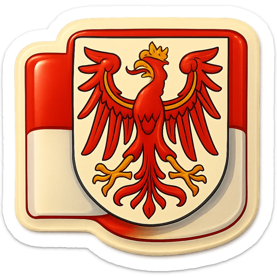 Create an emoji of the Brandenburg coat of arms featuring the red eagle and crown, styled less cartoonish and faithful to the official design. Use the official Brandenburg flag as the full background. Maintain the same retro stickers style as the Berlin, Baden-Württemberg, and Bayern icons. No text included. sticker
