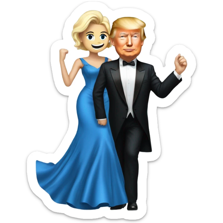 elon musk in tuxedo dancing with donald trump in blue ball gown sticker