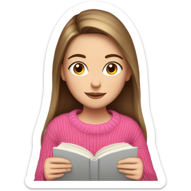Pretty white girl with pink sweater reading cozy with brown hair  sticker
