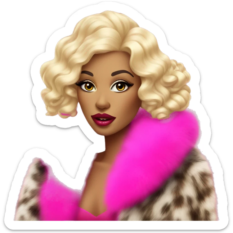 glamorous brightly made-up blonde in a fur coat with long pink nails and big lips sticker
