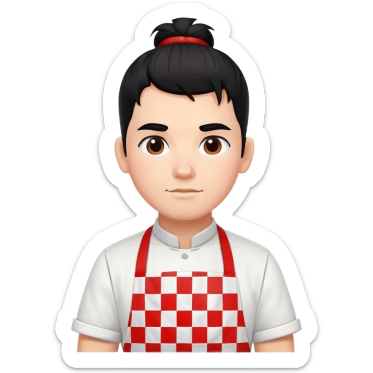 big boy with black hair in a topknot, wearing a white apron with red squares pattern sticker