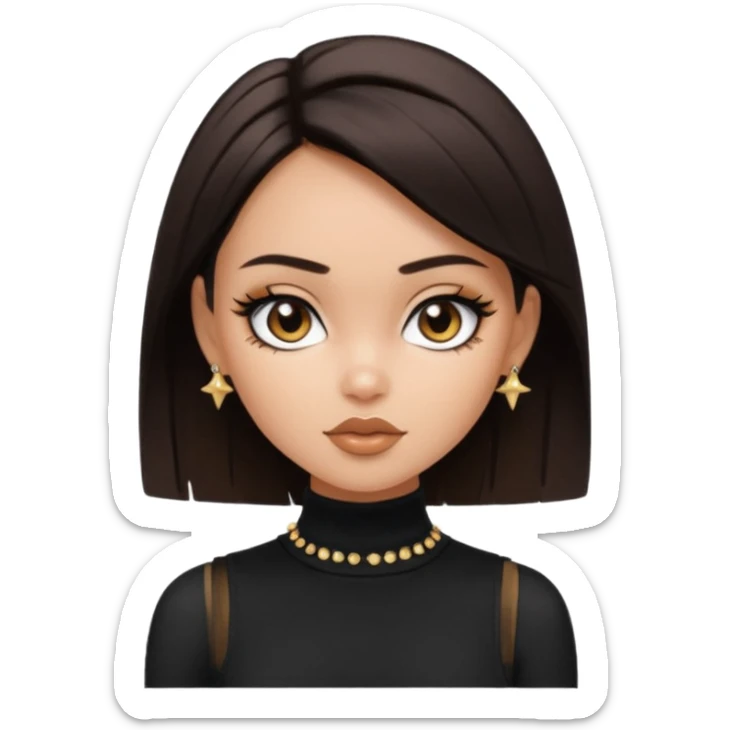 generate a pretty bratz girl in black cami top, dark brown straight short hair, eyeliner on. dark brown eyes. Wearing sleeveless white turtleneck, gold stud earrings sticker