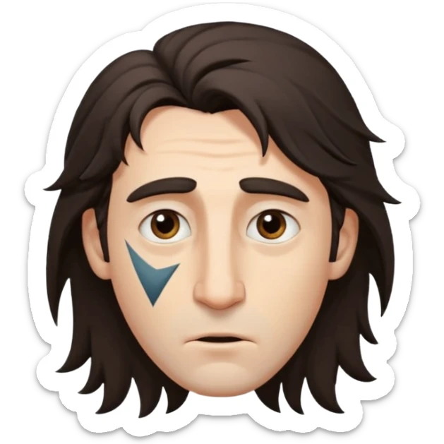 Handsome white man with big brown eyes long nose and dark brown messy hair cover his forhead and hair coming in eyes triangle facecut sticker