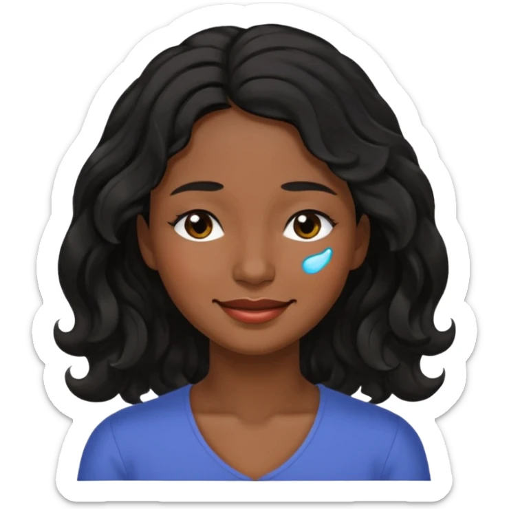 Happy face with tears,  dark brown skin color black women wavy hair shoulder length, eyes slightly closed sticker
