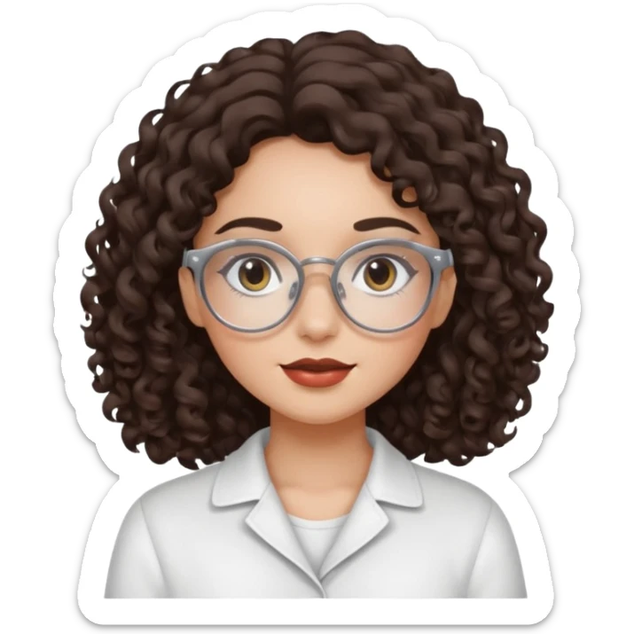 A dark brown curly-wavy hair girl with white glasses and clean girl makeup  sticker