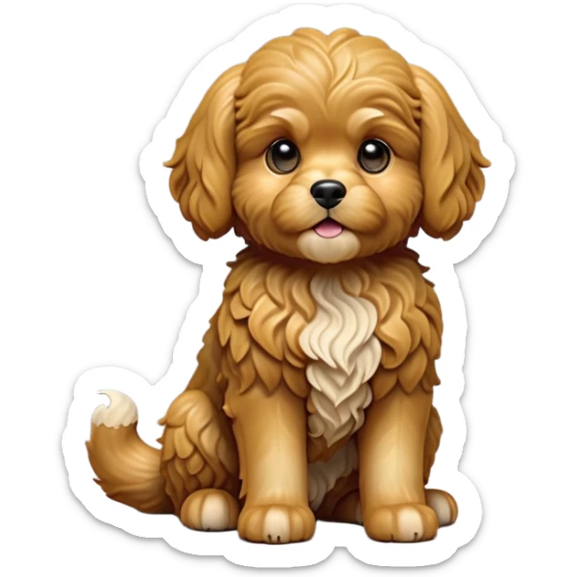 cinematic-[cavoodle dog]-realistic-full-body-sitting-emoji,-tail-resting-loosely-beside-its-paws,-head-tilted-dramatically,-wavy-[solid golden]-fur,-simplified-yet-realistic-focused-features,-highly-detailed,-glowing-with-an-almost-sarcastic-glow sticker
