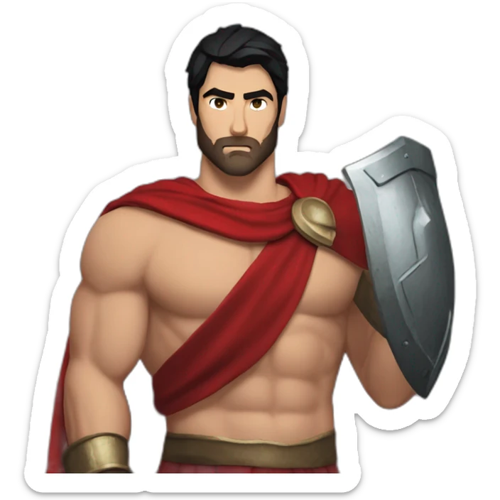 The Spartan Leonidas. Muscly physique. Wearing a red cape. Masculine. Black hair. Blue eyes. No beard. sticker