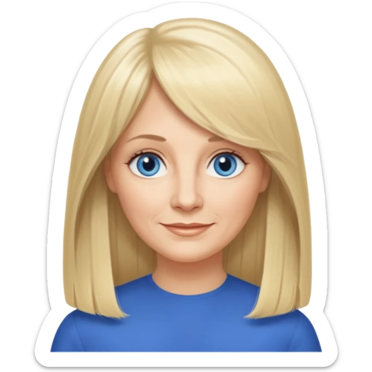 50 yr old white woman, curtain bangs, very long straight blond hair, oval face, small smile, blue eyes, thin face, hair downback, middle part round cheeks, pale, longer hair sticker