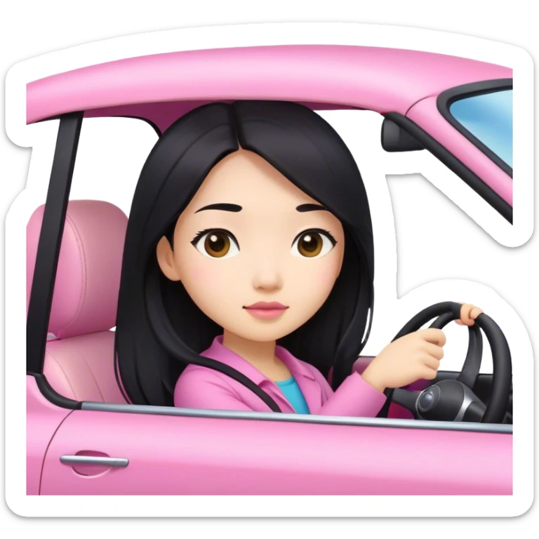 Long hair asian girl driving on her way in a pink car  sticker