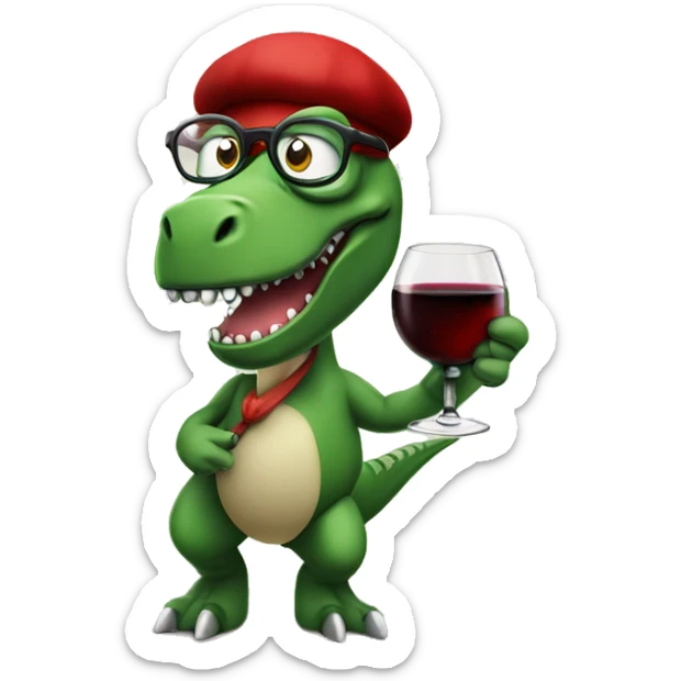 Angry Green Trex wearing red beret and eyeglasses holding red wineglass  sticker