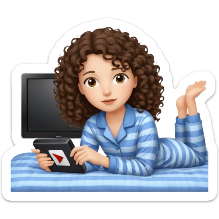 A girl, brunette with curly hair down to her shoulders, watching TV. Have her lie down on the bed, and put on Netflix on the TV. sticker