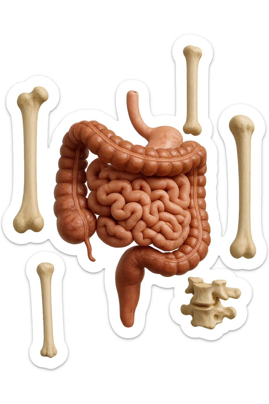 intestino umano anatomico e ossa umano anatomico fluttuano in aria, iperrealistico 4k sticker