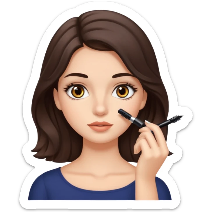 Garota branca de cabelos levemente ondulados castanhos escuros médio aplicando máscara de cílios sticker