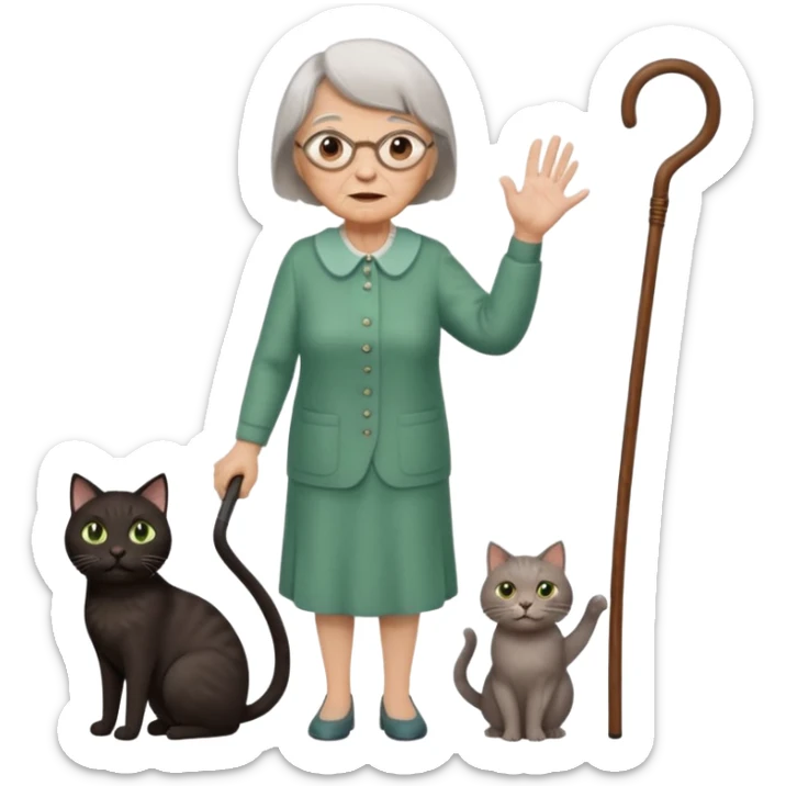 A grouchy old lady with a wooden cane in her hand waving it in the air shouting out "Stay Off My Lawn!" Hair Is short brown with some grey in it eyes are brown also  a pure black cat with big green eyes sitting on her left shoulder. The cat has her left paw up sticker