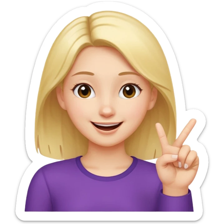 girl with her hand up holding her thumb and index finger close together tip to tip giggling sticker