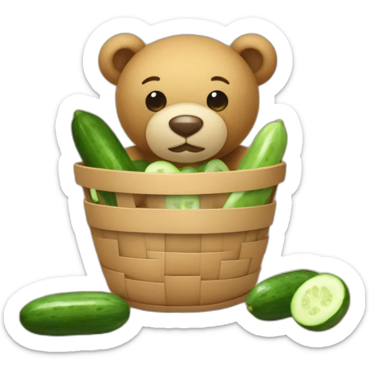 a teddy bear in a fabric mask and cucumbers in front of his eyes holds a basket with clean laundry sticker