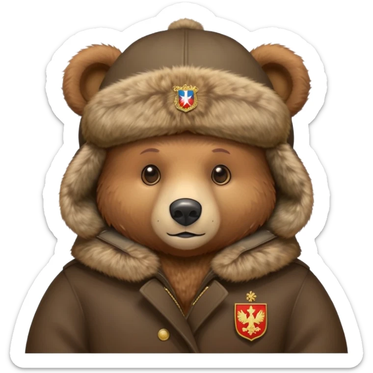 Cute brown bear in Russian fur ushanka hat with coat of arms pin, front view, iOS emoji style sticker