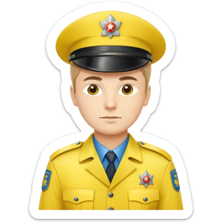 Russian police officer with bright yellow hat and yellow uniform, standing at attention sticker