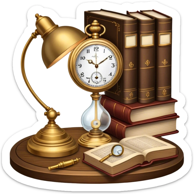 Icon for Antiques Collecting: a vintage pocket watch, an old ornate lamp, and a porcelain figurine, all placed on a wooden table surrounded by aged books and a magnifying glass. The icon should evoke the elegance and history of antique collecting. Transparent background. sticker