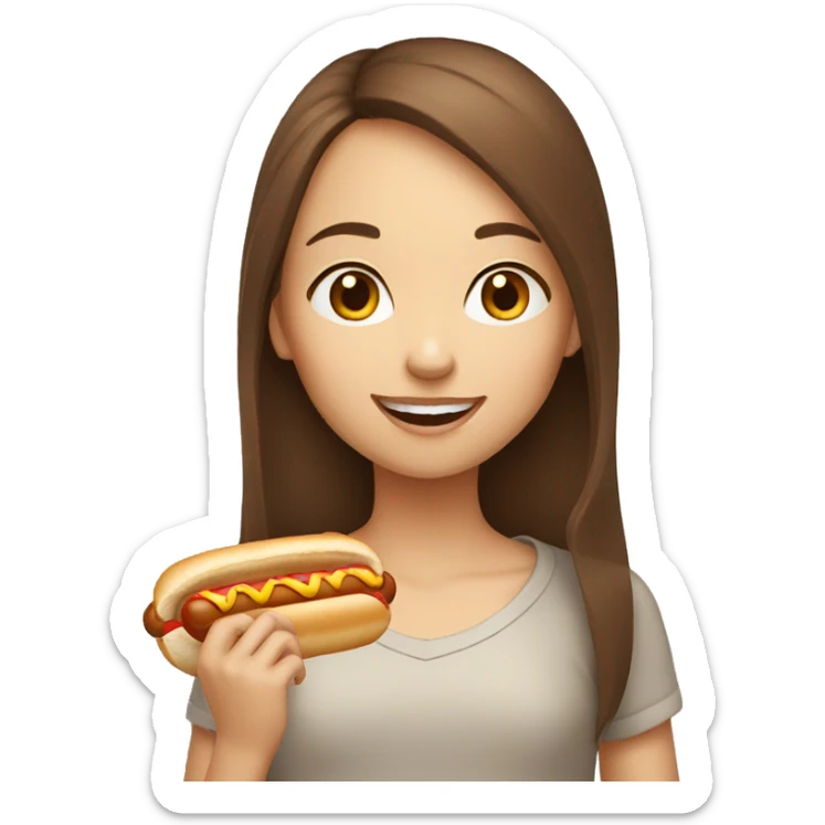Girl with brown hairs eating Hot dog sticker