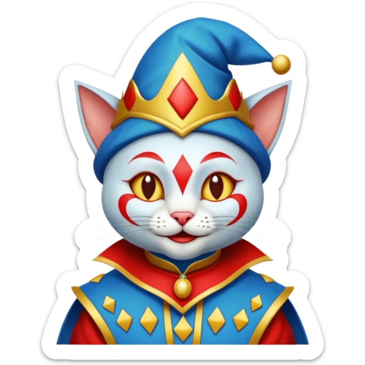 crazy colorful cute little cat jolly joker from poker, medieval, vintage, court jester, mac os icon, blue color sticker