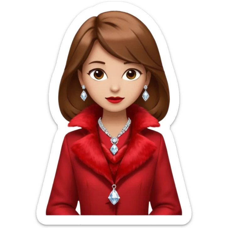 * Character: A stylish lady,brown hair
* ﻿﻿Clothing: A luxurious red fur coat
* ﻿﻿Accessories: A dazzling diamond necklace
* ﻿﻿Expression: Confident, elegant, maybe slightly glamorous
* ﻿﻿Pose: Head slightly tilted or a poised posture
* ﻿﻿Style: Emoji-like, simple but expressive sticker