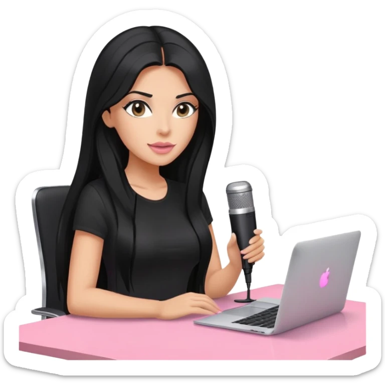 tanned long black hair woman, sat at desk with pink MacBook, podcast microphone black top and pink, sexy, glass table sticker