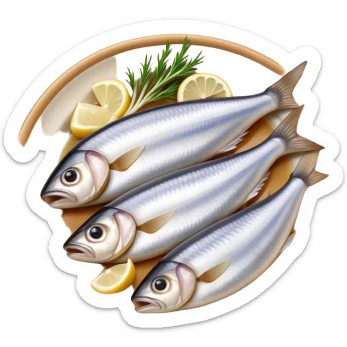 Cinematic Realistic Herring Dish Emoji, showcasing a traditional preparation of fresh herring with onions rendered with lifelike detail and cool, crisp lighting. sticker