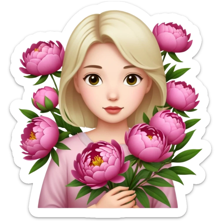 Upper body photo of a beautiful girl holding many peony flowers sticker