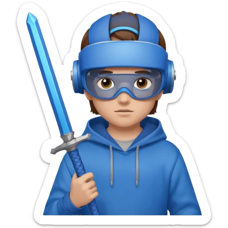 a boy with brown hair, a blue vr headset. a blue hoodie and a blue sword and remove the cap sticker