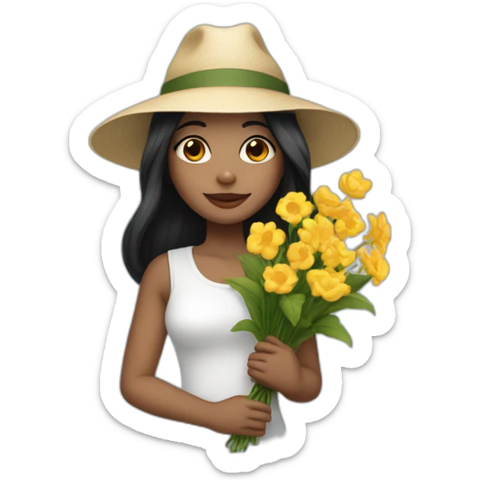 white skin, Girl with a hat, black hair straight to the shoulders, holding a bouquet of flowers sticker