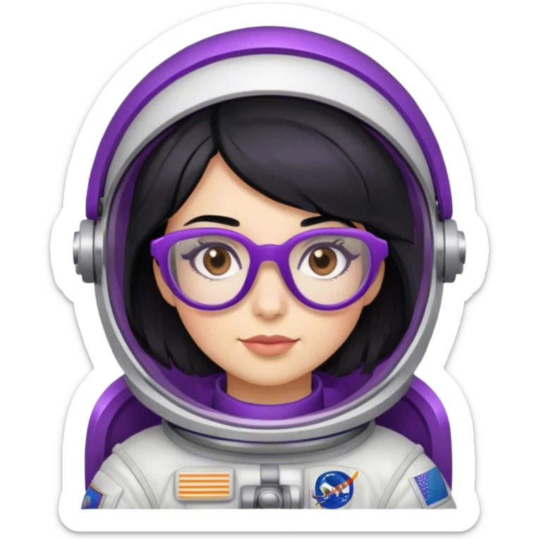 female astronaut with black hair brown eyes and purple glasses sticker