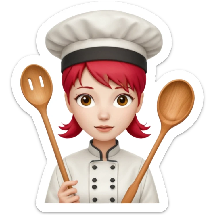 A woman with red Chinese hair and a chef's outfit, chef's hat and a wooden spoon sticker