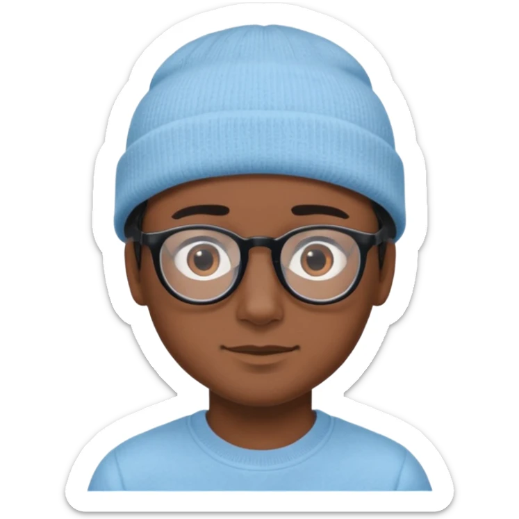 A boy or man emoji with medium-dark skin, wearing a light blue beanie and black-framed glasses, with brown eyes, dark eyebrows, a small nose, and a subtle smile on a clean-shaven face. sticker