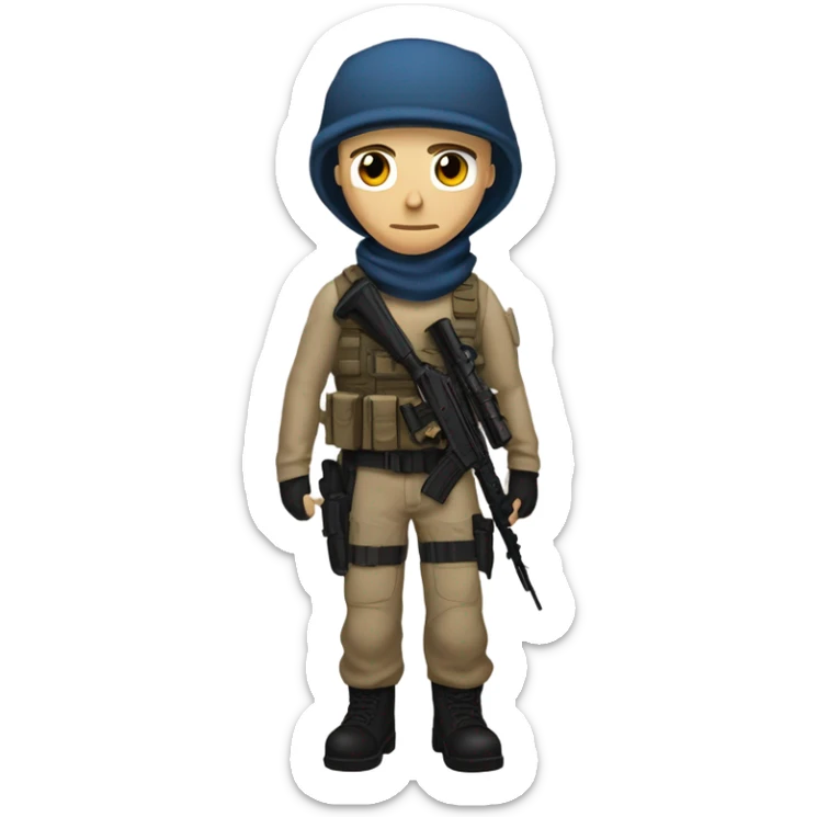 White male, call of duty mask, tan tactical gear, tan pants, combat boots, black beanie, blue eyes, no glasses sticker