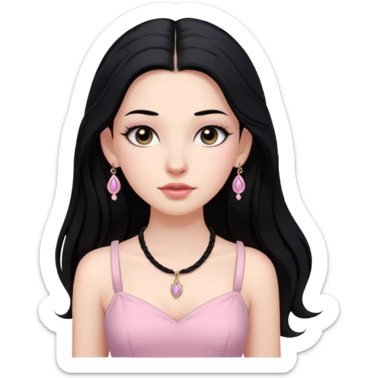 Menina branca ,cabelos longos cor preta , olhos cor preta puxados para cima. Cílios longos, lábios grossos ,nariz pequeno.vestido rosa claro de alça. Jovem de 16 anos .colar e brinco vivara sticker