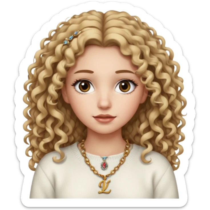 a dirty blonde girl with brown eyes and make her wearing a white sweater and a necklace with I intial with curly hair and white skin color, long hair and big lashes sticker