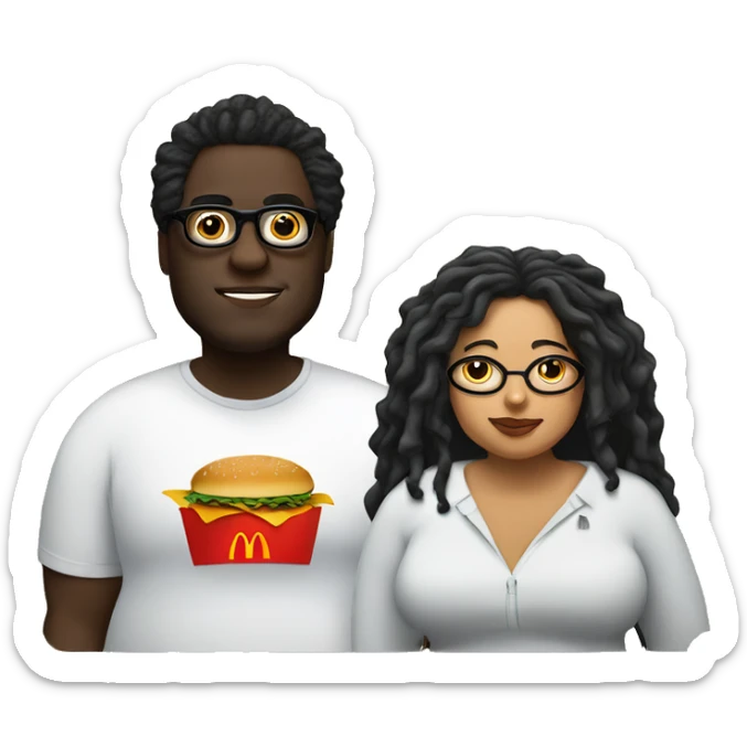 Fat black man with dreads with fat Latina with glasses and curly hair eating McDonald’s  sticker