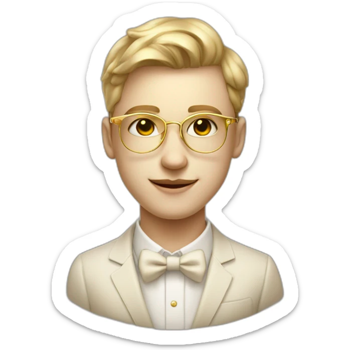 19 years old boy like a gentleman white skin tone. With golden optic glasses. Wearing old money style sticker