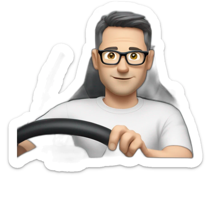 middle-age-lean-white-man-with-black-short-hair-&-glasses-wearing-blackt-shirt-inside-black-tesla-model-3, at the wheel, front view sticker