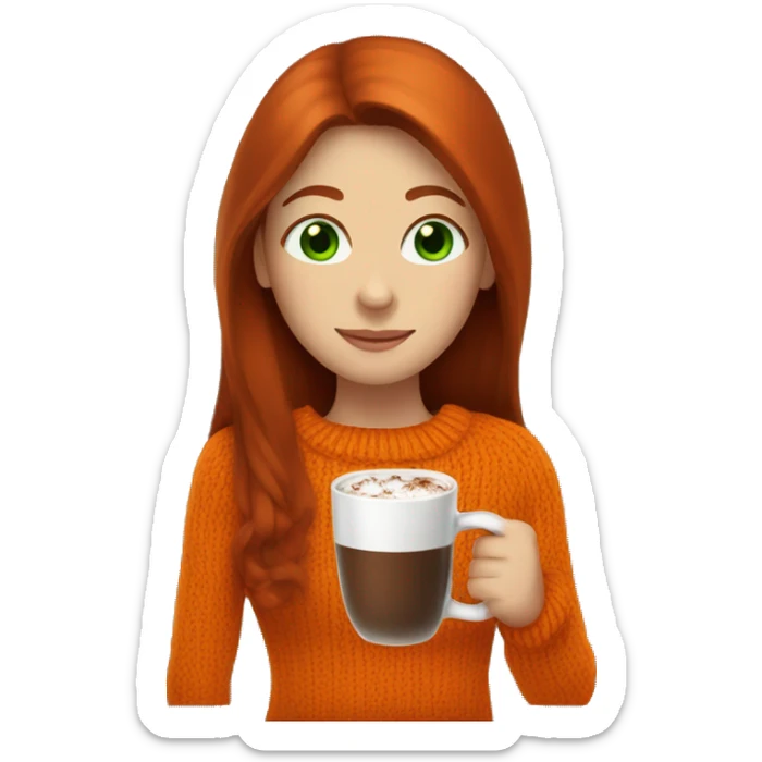 A dark redhead with straight long hair, a girl with green eyes in an orange sweater and a hot chocolate  sticker