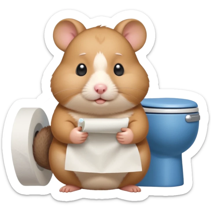 Cute chubby cartoon-style hamster sitting on toilet pooping holding toilet paper looking as if he had an accident, sticker-style illustration sticker