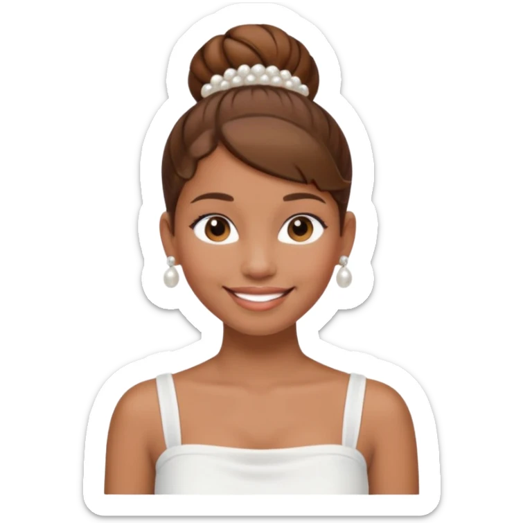 Light brown skin girl, brown hair in bun, smiling, white tube top, pearl earrings sticker