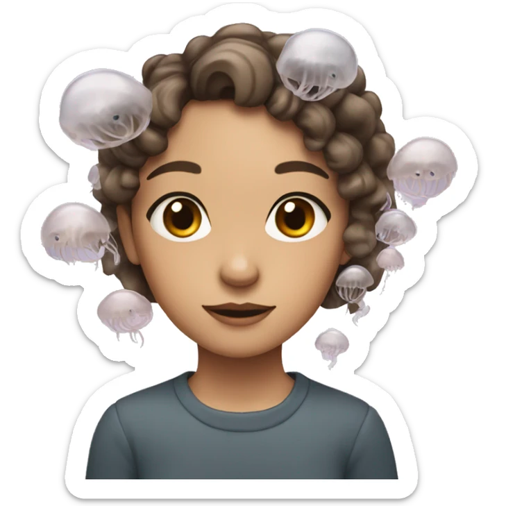 A girl with brown hair and gray eyes with a jellyfish on her head sticker