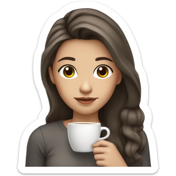 Girl with brown hair with dark gray highlights, fair skin, long, soft, beautiful hair, soft lips, brown eyes, drinking coffee sticker