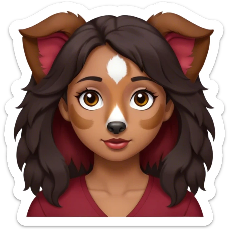 One latina girl with long beautiful dark hair and dark eyes in a dark red v neck and makeup with her black tri colored  Australian shepherd large with floppy ears sticker