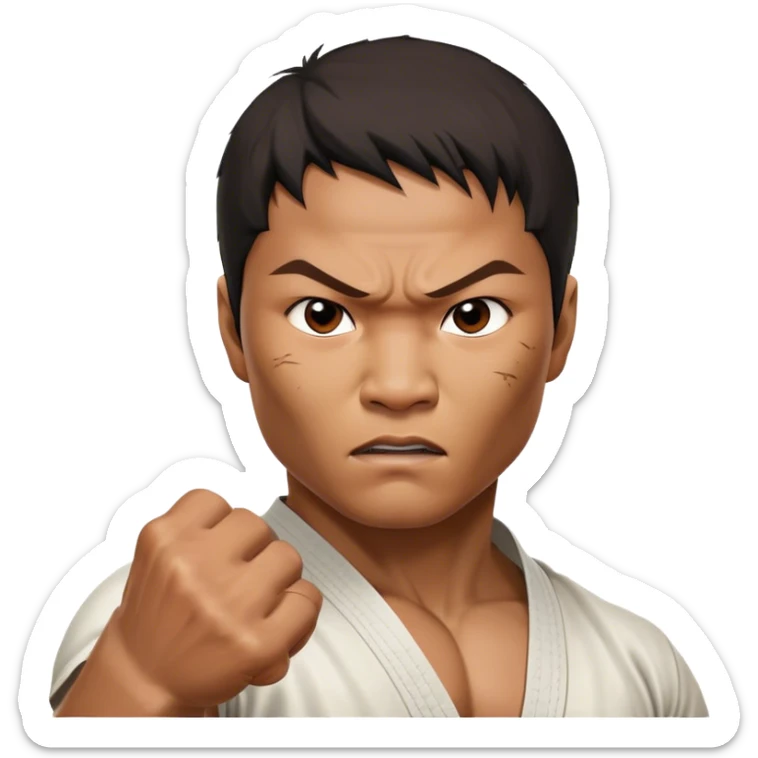​Cinematic Realistic Portrait of Tony Jaa, a close-up depiction capturing his intense, determined expression and finely detailed features, rendered with dramatic natural lighting that emphasizes his rugged athleticism and unmistakable martial arts presence, sticker