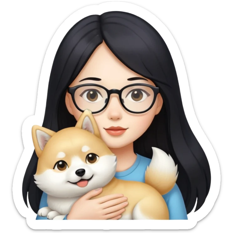 A beautiful girl with long black hair and glasses is holding a long-haired white Shiba Inu sticker